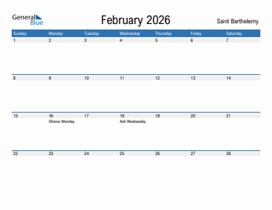 Current month calendar with Saint Barthelemy holidays for February 2026