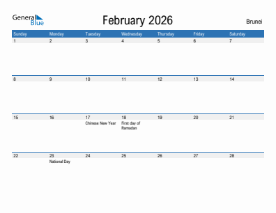 Current month calendar with Brunei holidays for February 2026