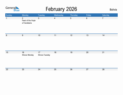 Current month calendar with Bolivia holidays for February 2026
