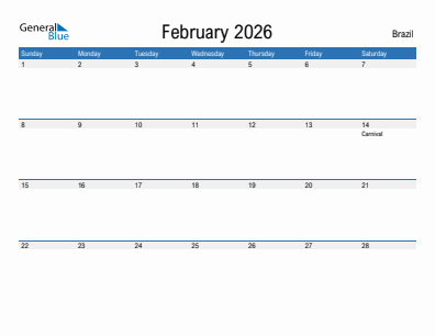 Current month calendar with Brazil holidays for February 2026