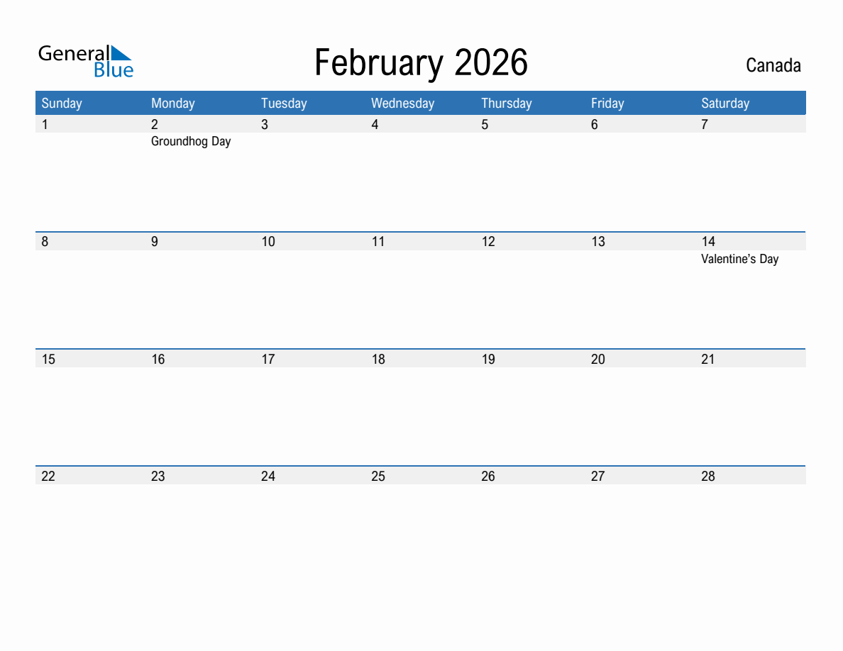 February 2026 monthly calendars with canada holidays