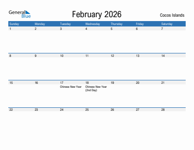 Current month calendar with Cocos Islands holidays for February 2026