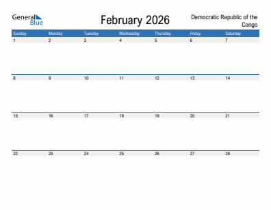 Current month calendar with Democratic Republic of the Congo holidays for February 2026