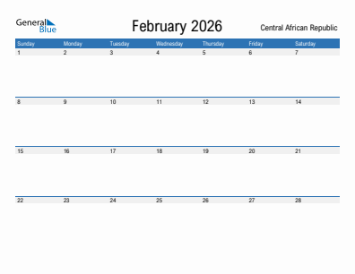 Current month calendar with Central African Republic holidays for February 2026