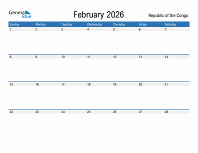 Current month calendar with Republic of the Congo holidays for February 2026