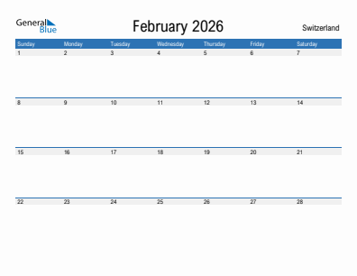Current month calendar with Switzerland holidays for February 2026