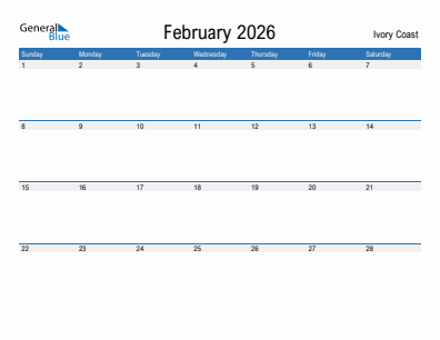 Current month calendar with Ivory Coast holidays for February 2026