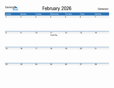 Current month calendar with Cameroon holidays for February 2026