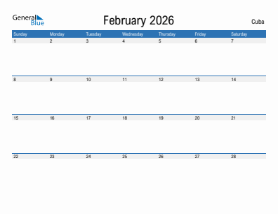 Current month calendar with Cuba holidays for February 2026