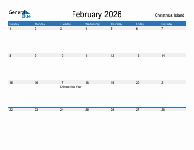 Current month calendar with Christmas Island holidays for February 2026