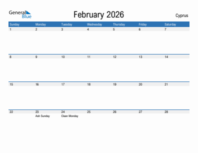 Current month calendar with Cyprus holidays for February 2026