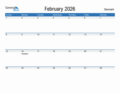 Current month calendar with Denmark holidays for February 2026