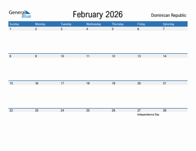 Current month calendar with Dominican Republic holidays for February 2026