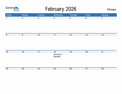 Current month calendar with Ethiopia holidays for February 2026