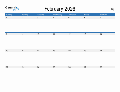 Current month calendar with Fiji holidays for February 2026