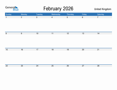 Current month calendar with United Kingdom holidays for February 2026