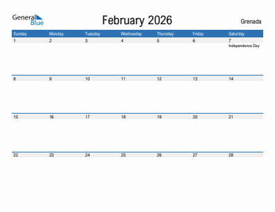 Current month calendar with Grenada holidays for February 2026