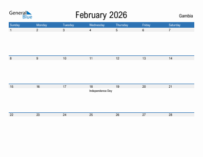 Current month calendar with Gambia holidays for February 2026