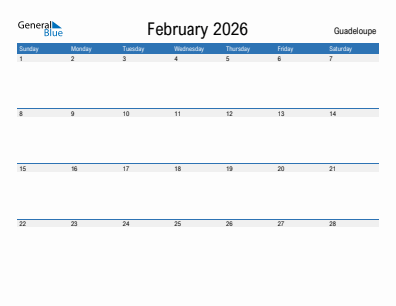 Current month calendar with Guadeloupe holidays for February 2026