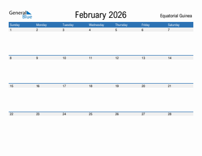 Current month calendar with Equatorial Guinea holidays for February 2026
