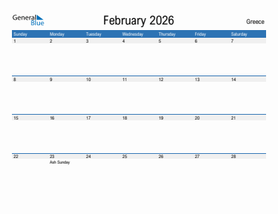 Current month calendar with Greece holidays for February 2026