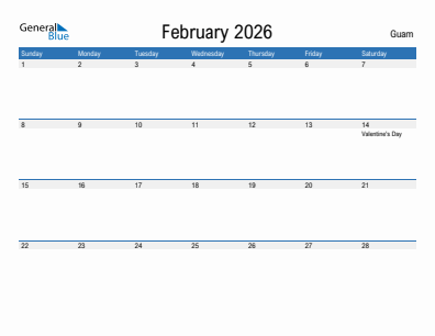 Current month calendar with Guam holidays for February 2026