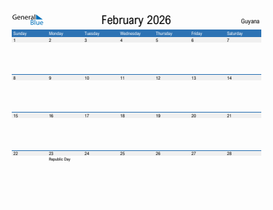 Current month calendar with Guyana holidays for February 2026