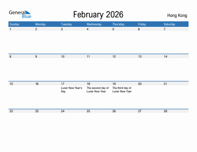 Current month calendar with Hong Kong holidays for February 2026