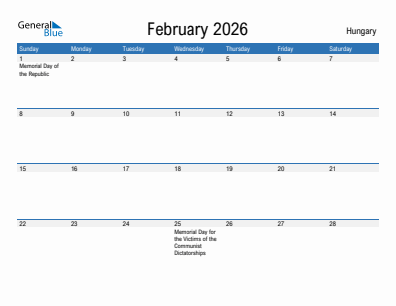Current month calendar with Hungary holidays for February 2026