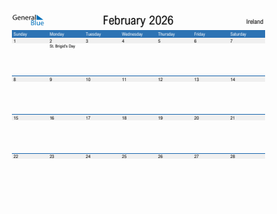 Current month calendar with Ireland holidays for February 2026