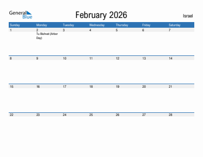 Current month calendar with Israel holidays for February 2026