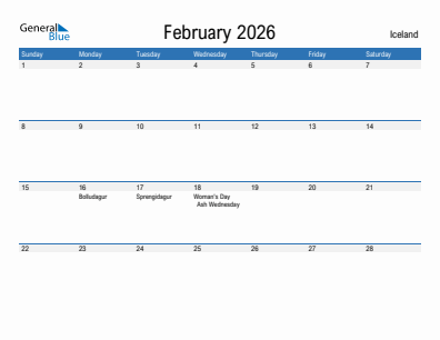 Current month calendar with Iceland holidays for February 2026