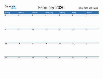 Current month calendar with Saint Kitts and Nevis holidays for February 2026