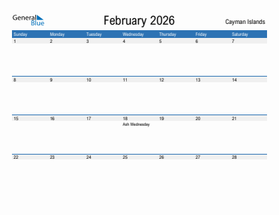 Current month calendar with Cayman Islands holidays for February 2026