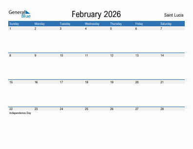 Current month calendar with Saint Lucia holidays for February 2026