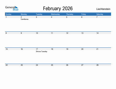 Current month calendar with Liechtenstein holidays for February 2026