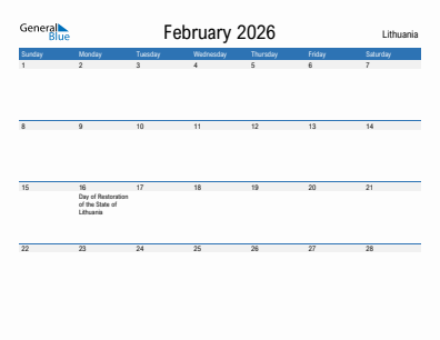 Current month calendar with Lithuania holidays for February 2026