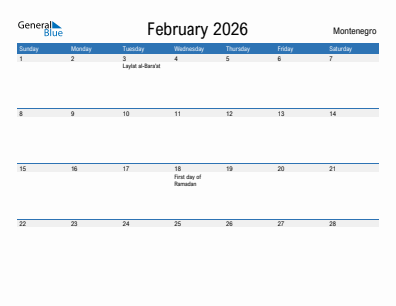 Current month calendar with Montenegro holidays for February 2026