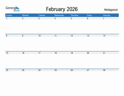Current month calendar with Madagascar holidays for February 2026