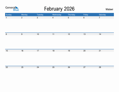 Current month calendar with Malawi holidays for February 2026