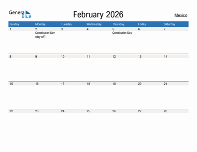 Current month calendar with Mexico holidays for February 2026