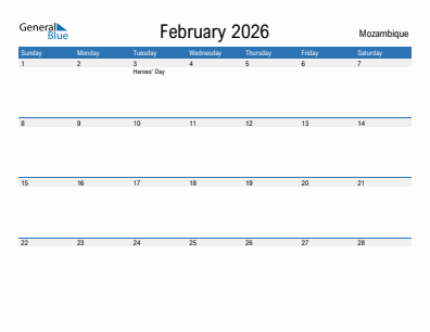 Current month calendar with Mozambique holidays for February 2026