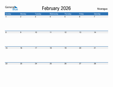 Current month calendar with Nicaragua holidays for February 2026