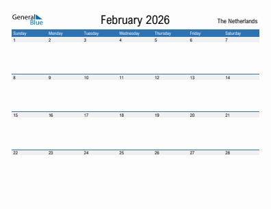 Current month calendar with The Netherlands holidays for February 2026