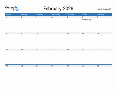 Current month calendar with New Zealand holidays for February 2026