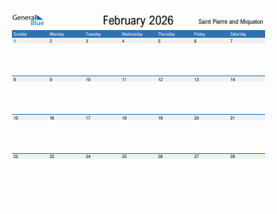 Current month calendar with Saint Pierre and Miquelon holidays for February 2026