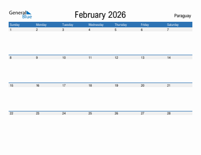 Current month calendar with Paraguay holidays for February 2026