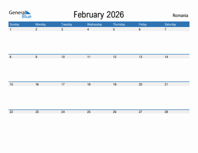 Current month calendar with Romania holidays for February 2026