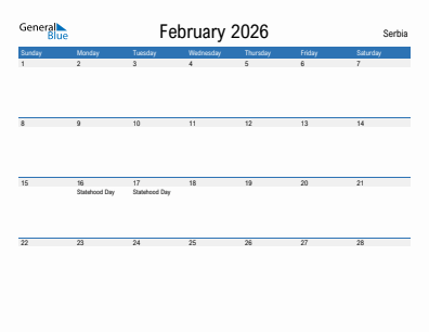 Current month calendar with Serbia holidays for February 2026