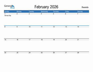 Current month calendar with Rwanda holidays for February 2026